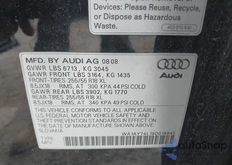 2009 Audi Q7 3.6 5 Passenger/3.6 Premium from USA, damaged, VIN WA1AY74L19D016945